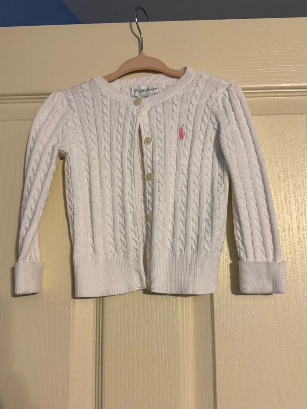 Ralph Lauren White Cable-Knit Cardigan with Pink Pony Accent